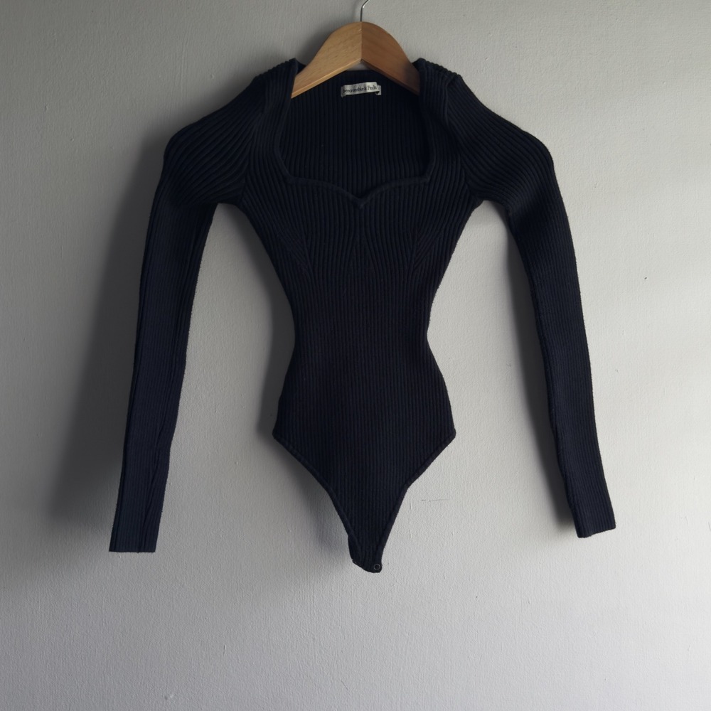 Abercrombie & Fitch Sweetheart Ribbed Bodysuit Women XXS Black Long Sleeve Top